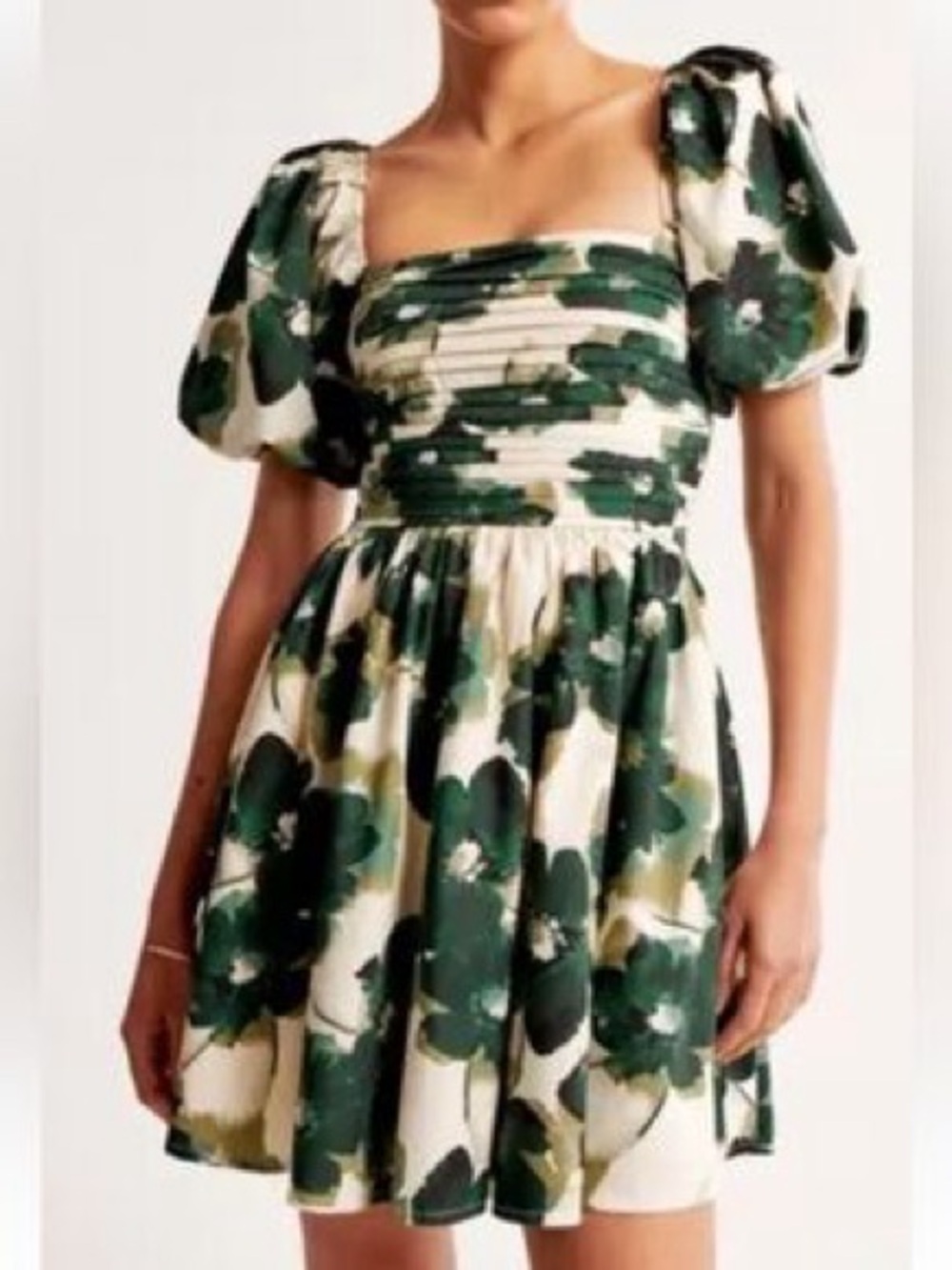 Abercrombie - Emerson Poplin Floral Puff Sleeve Green Ivory Mini Dress Size SP